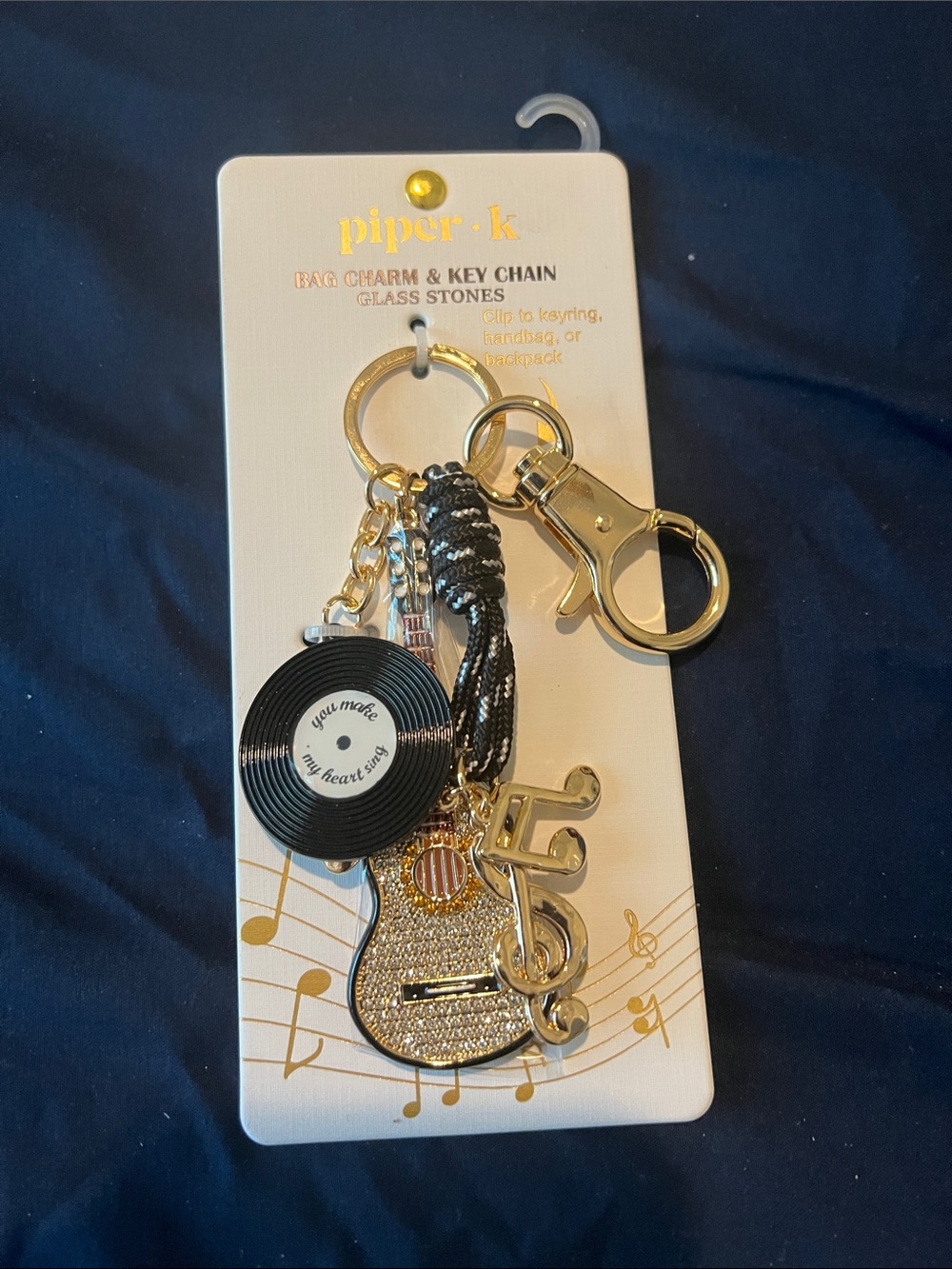 Piper Gold & Black Music Charm Keychain with Guitar and Vinyl